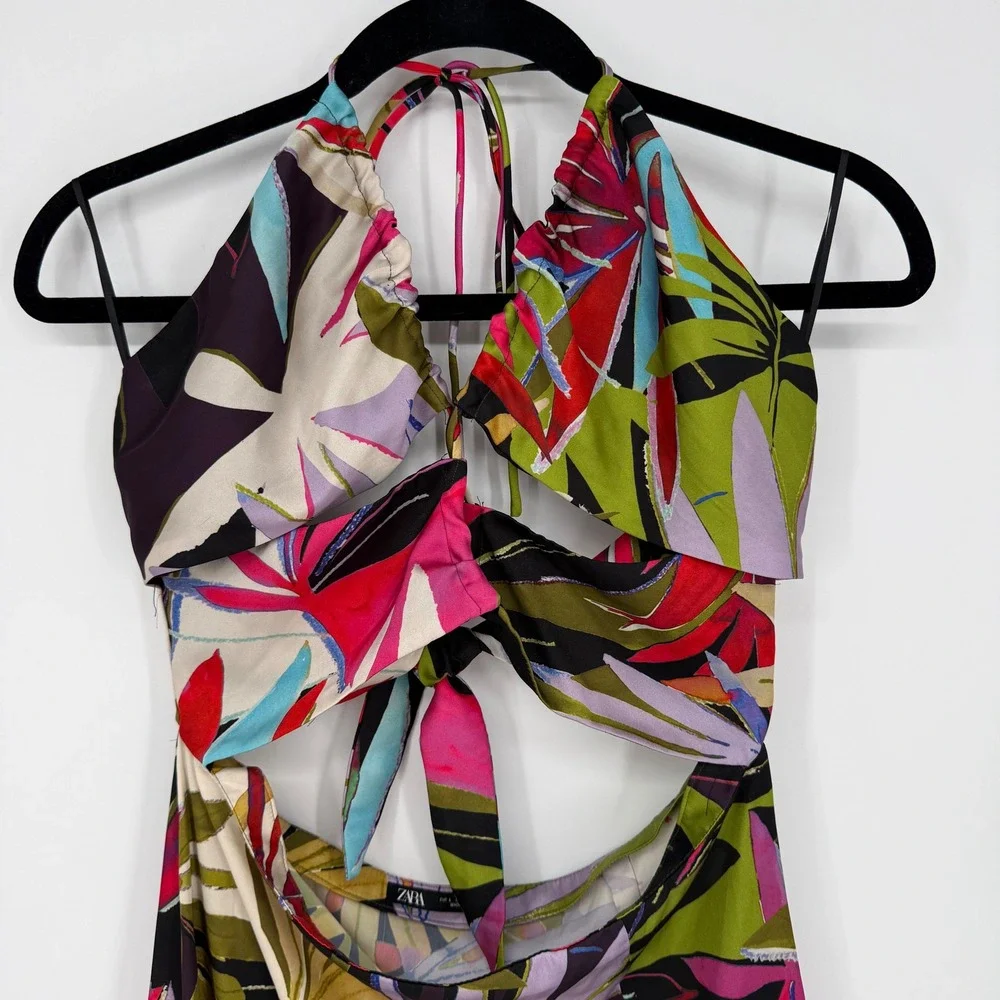 ZARA SATIN TROPICAL PRINT CUT OUT FRONT HALTER MIDI DRESS LARGE - Picture 3 of 10